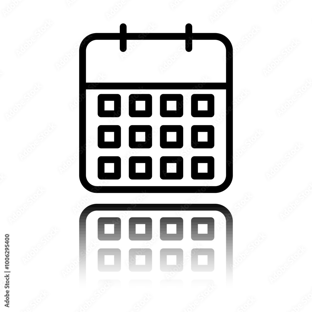 Calendar simple icon vector. Flat design. Black icon with mirror reflection. White background Calendar simple icon vector. Flat design. Black icon with mirror reflection. White background