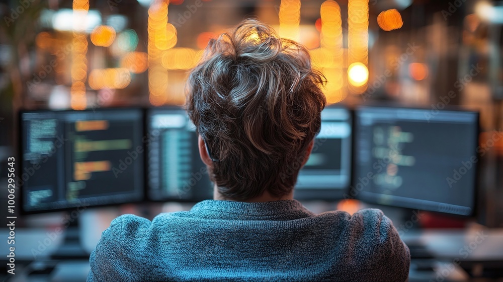 Fototapeta premium rear view of a focused IT specialist programmer sitting in front of a computer monitor, coding and troubleshooting in a server room