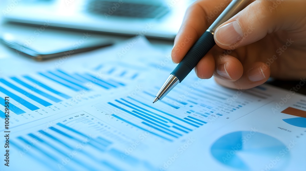A consultant’s hand holding a pen, pointing at a detailed business report filled with charts and data, highlighting key insights during a discussion A consultant’s hand holding a pen, pointing at a detailed business report filled with charts and data, highlighting key insights during a discussion