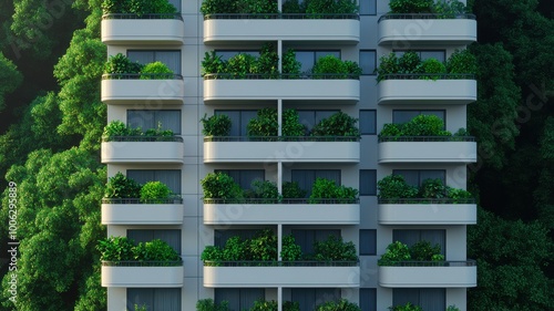 A modern building featuring multiple balconies adorned with lush greenery, seamlessly integrating nature and architecture.