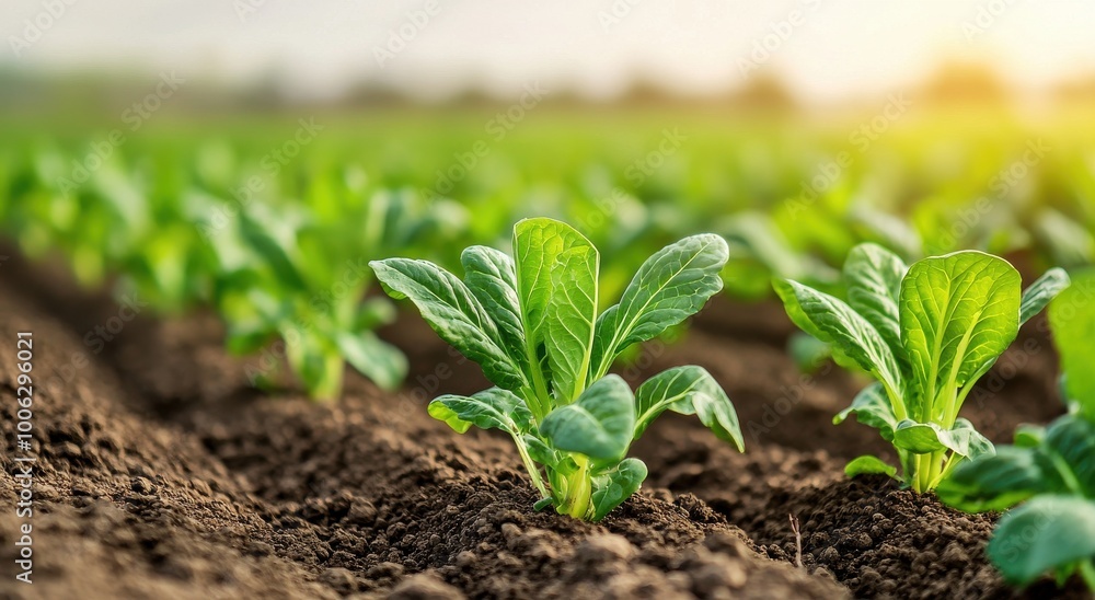 A vibrant field of young plants grows in rich soil, basking in warm sunlight, symbolizing growth and agricultural abundance. A vibrant field of young plants grows in rich soil, basking in warm sunlight, symbolizing growth and agricultural abundance.
