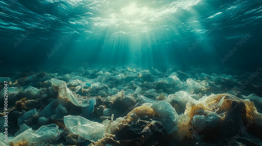 Obraz premium Floating plastic garbage pollutes the surface of a serene ocean under a cloudy sky