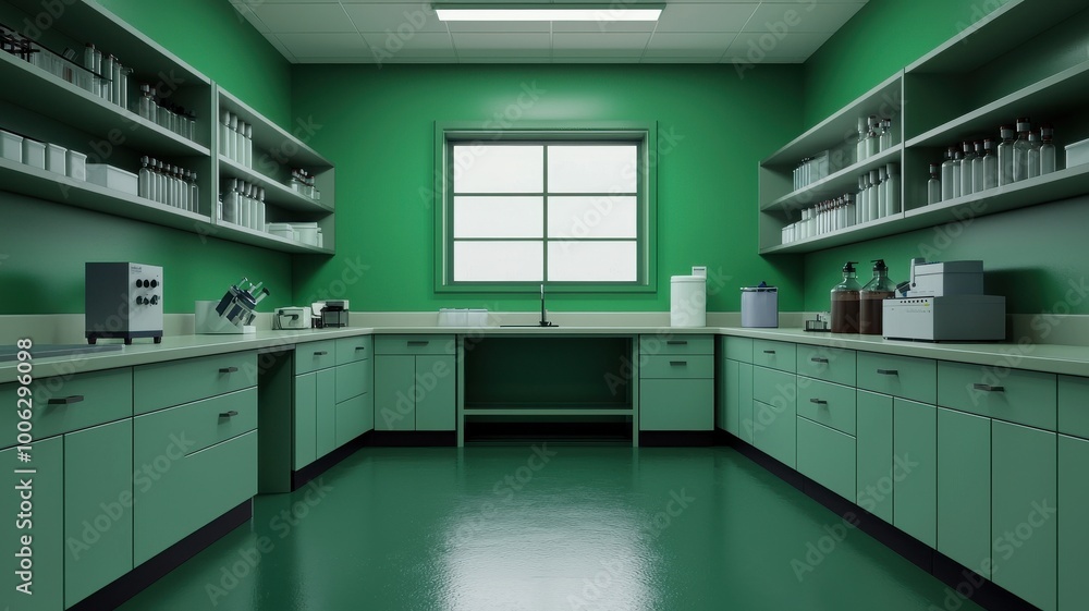 A modern laboratory space featuring green walls, shelves filled with containers, and a large window allowing natural light. A modern laboratory space featuring green walls, shelves filled with containers, and a large window allowing natural light.