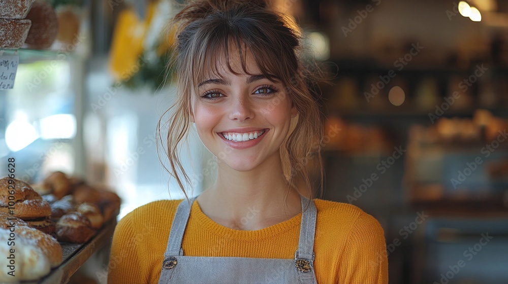 female entrepreneur smiling and standing at the door of her bakery, showcasing a successful business and welcoming customers female entrepreneur smiling and standing at the door of her bakery, showcasing a successful business and welcoming customers