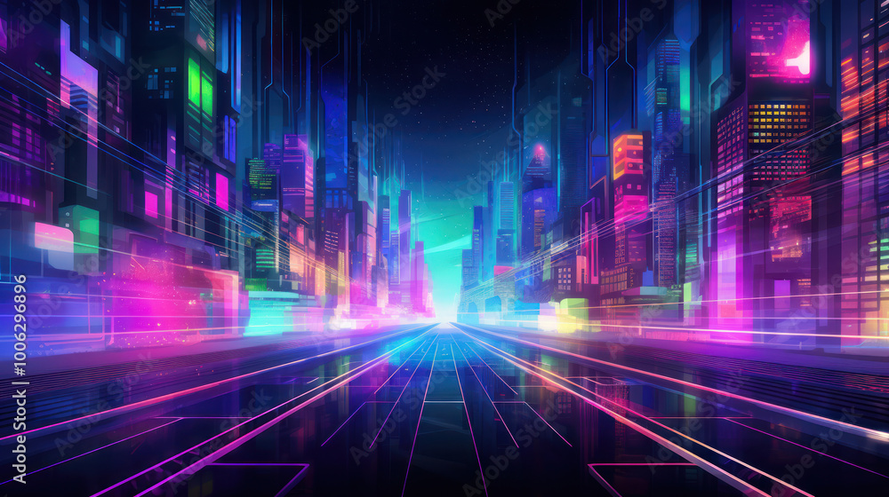 Vibrant and colorful cityscape at night. The skyline is filled with skyscrapers illuminated by neon lights in different colors. Futuristic Atmosphere. Cyberpunk Aesthetic. Neon Lights. Vibrant and colorful cityscape at night. The skyline is filled with skyscrapers illuminated by neon lights in different colors. Futuristic Atmosphere. Cyberpunk Aesthetic. Neon Lights.