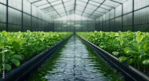 A vibrant greenhouse filled with lush green plants and a reflective water channel running between them, showcasing a thriving environment. photo