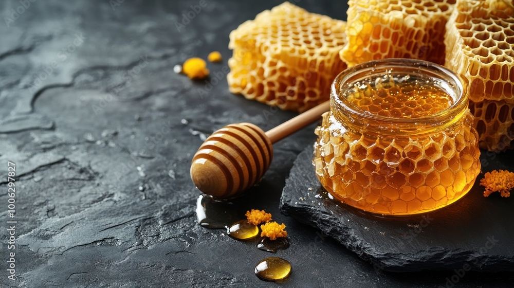 A glass jar of honey with a wooden honey dipper and honeycomb on a black slate surface. A glass jar of honey with a wooden honey dipper and honeycomb on a black slate surface.