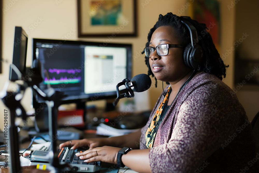 African American woman hosting a podcast from her home studio, Female DJ, Sound Engineer, Audio Mixer, Radio Host African American woman hosting a podcast from her home studio, Female DJ, Sound Engineer, Audio Mixer, Radio Host