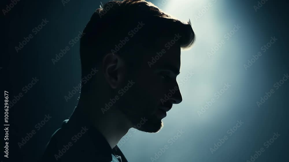 Moody silhouette portrait of a pensive man in dramatic lighting Moody silhouette portrait of a pensive man in dramatic lighting