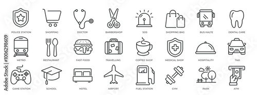 Public navigation simple minimal thin line icons. Related transportation, place, sign. Editable stroke. Vector illustration.