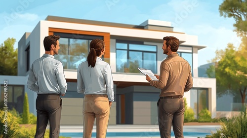 real estate agent presenting a new apartment to a couple, offering insights on housing market trends and home buying tips
