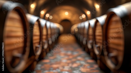 A blurry image of a wine cellar with many barrels 