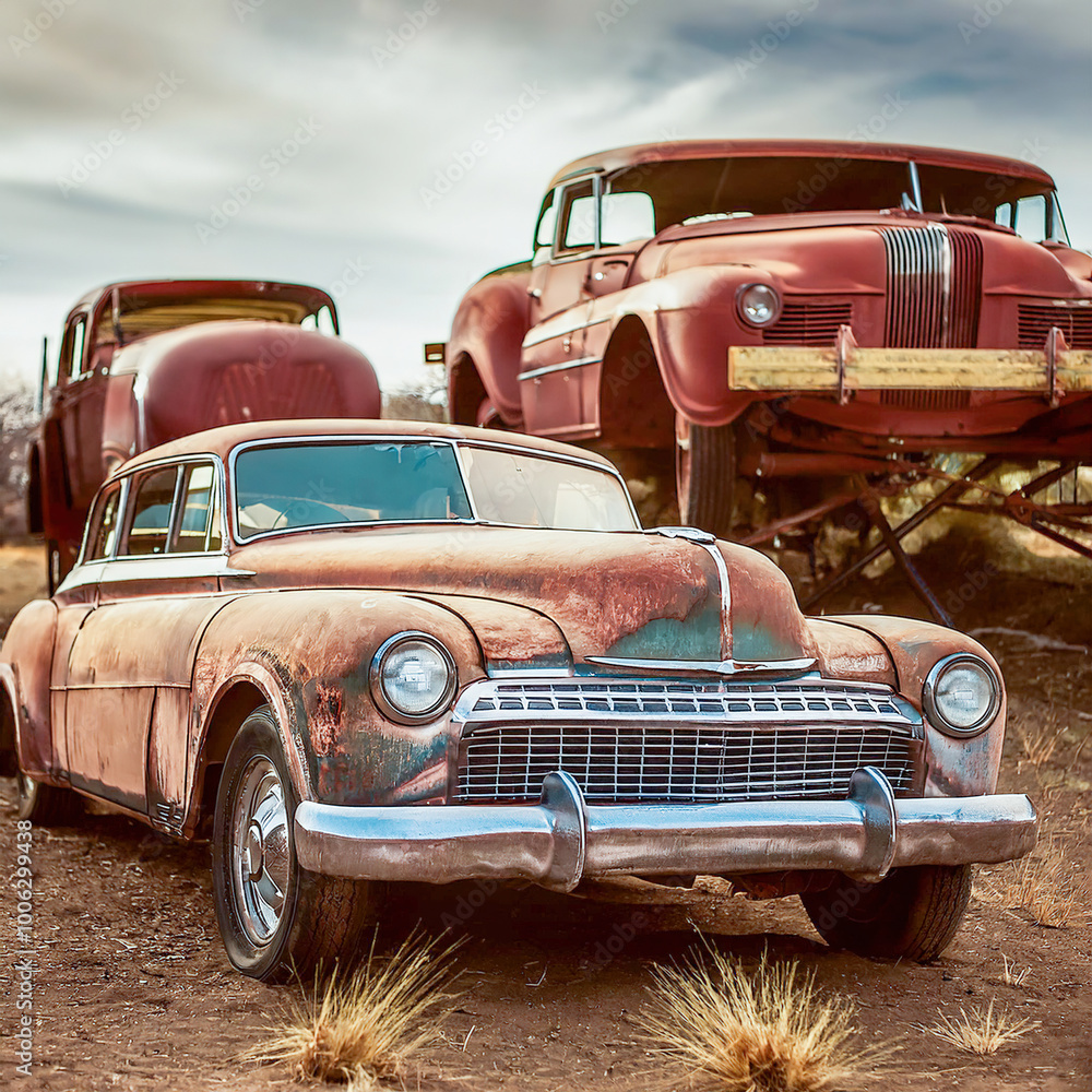 Classic American vehicles rusting away in a Retro Dystopia setting. Classic American vehicles rusting away in a Retro Dystopia setting.