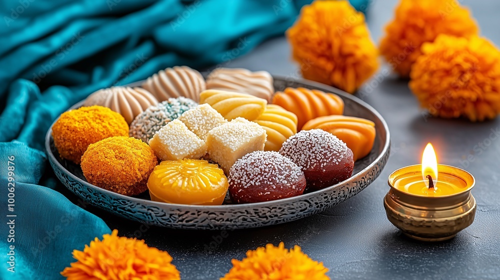 Traditional Indian Sweets on Decorative Plate for Bhai Dooj Traditional Indian Sweets on Decorative Plate for Bhai Dooj