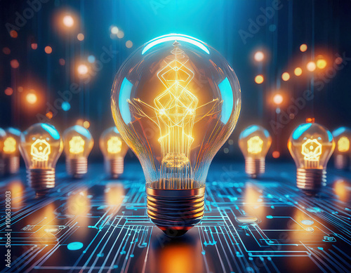 Light bulb and technology concept of a futuristic light filament surrounded by lights and digital symbols landscape view