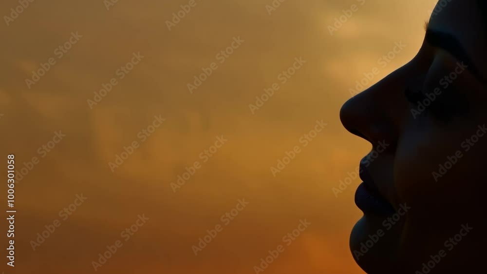 Silhouette of woman's face against dramatic sunset sky Silhouette of woman's face against dramatic sunset sky