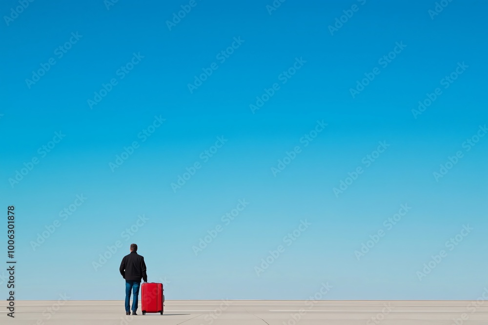 Lone businessman stands on a deserted runway with his luggage, hinting at a missed flight or travel delay Lone businessman stands on a deserted runway with his luggage, hinting at a missed flight or travel delay