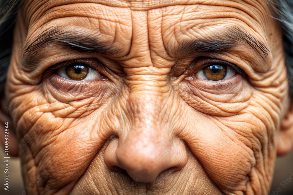 Elderly woman close-up emphasizing wrinkles and intense gaze Elderly woman close-up emphasizing wrinkles and intense gaze