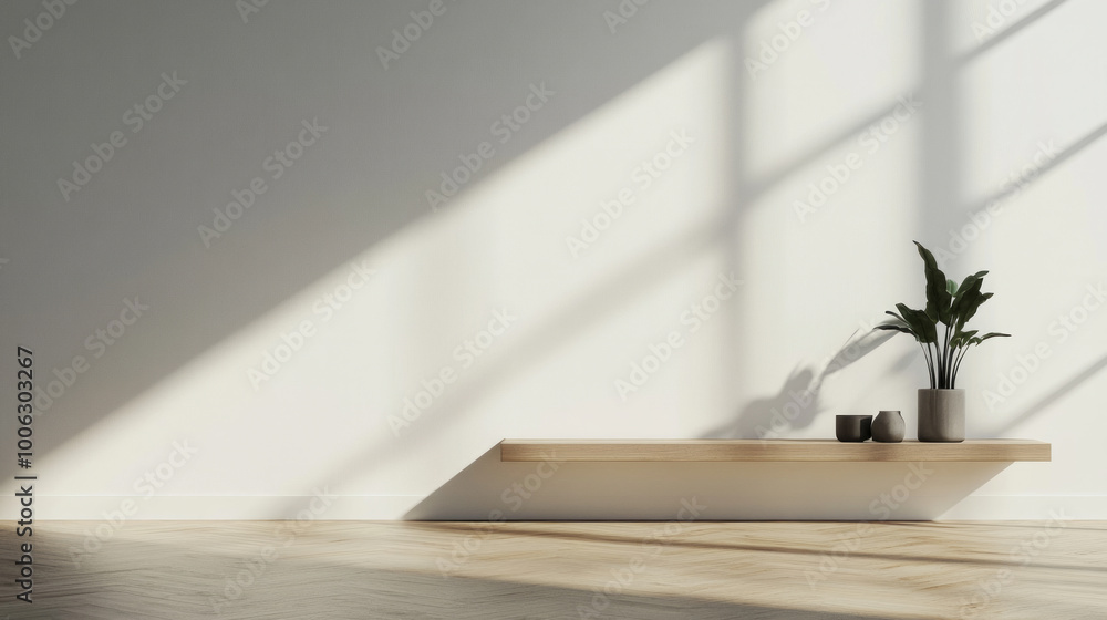 Bright minimalist room with a wooden shelf, plants, and shadows cast by large windows in a modern space Bright minimalist room with a wooden shelf, plants, and shadows cast by large windows in a modern space
