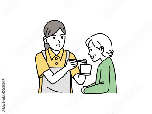 高齢者の食事介助する介護士のイラスト