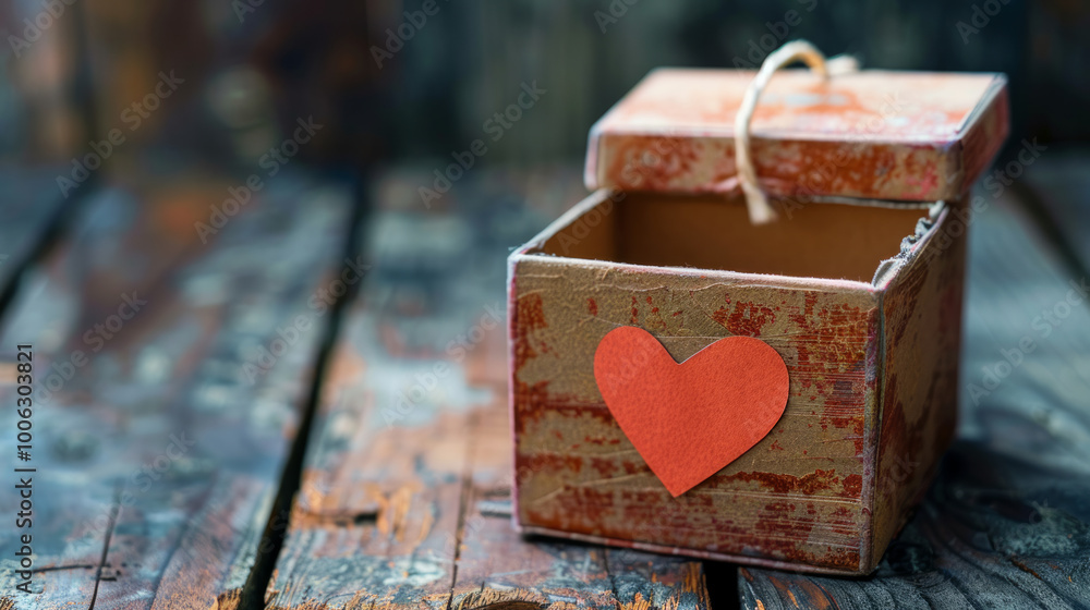 Obraz premium A rustic box adorned with a heart symbol rests on a weathered wooden surface, evoking feelings of love and nostalgia in a cozy setting