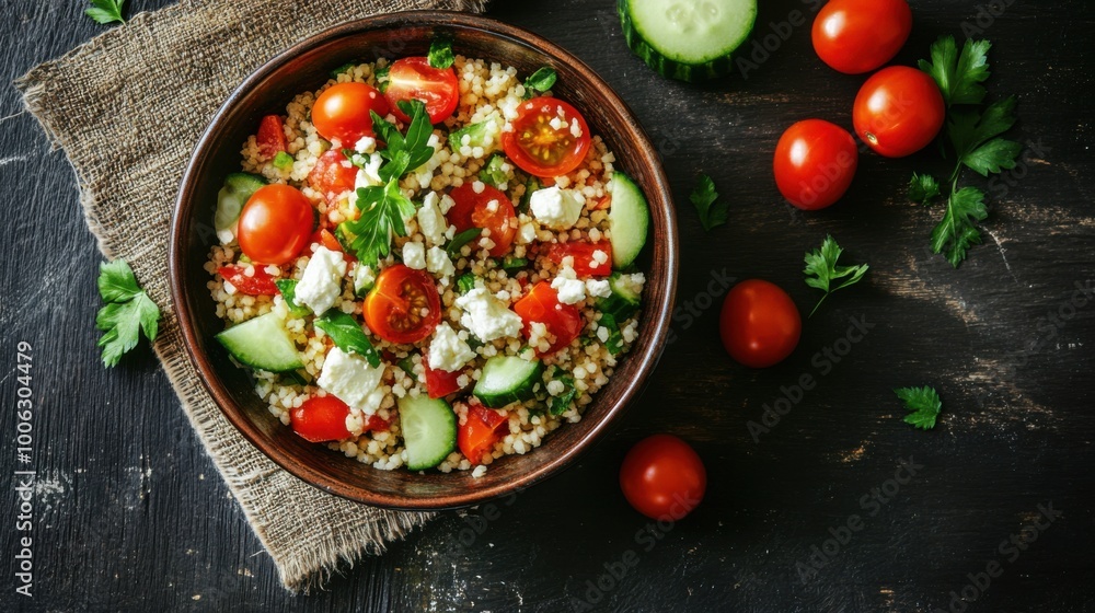 Mediterranean Couscous Salad with Cherry Tomatoes, Cucumbers, and Feta Cheese Mediterranean Couscous Salad with Cherry Tomatoes, Cucumbers, and Feta Cheese