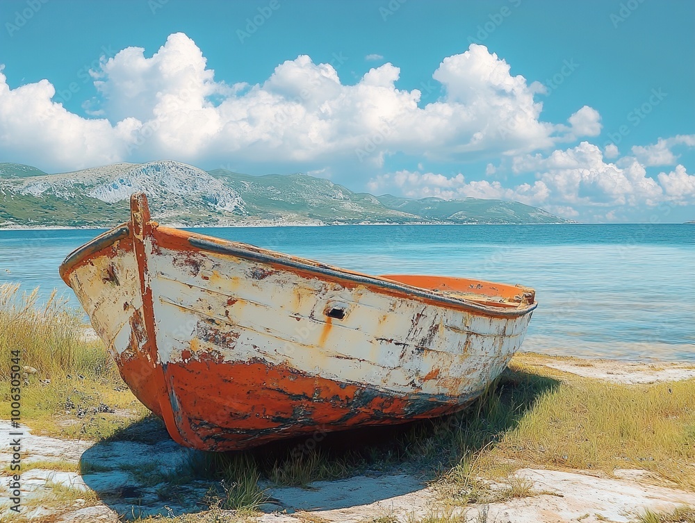Weathered Boat on a Tranquil Beach Weathered Boat on a Tranquil Beach