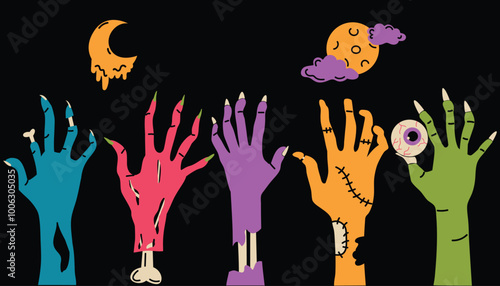 Zombie hands in different colors on a black background. Vector illustration. Halloween concept