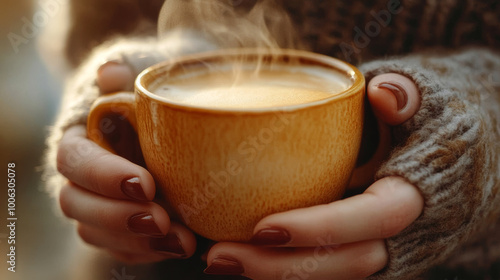 Close-up of female hands holding a steaming cup of coffee, warm and cosy atmosphere