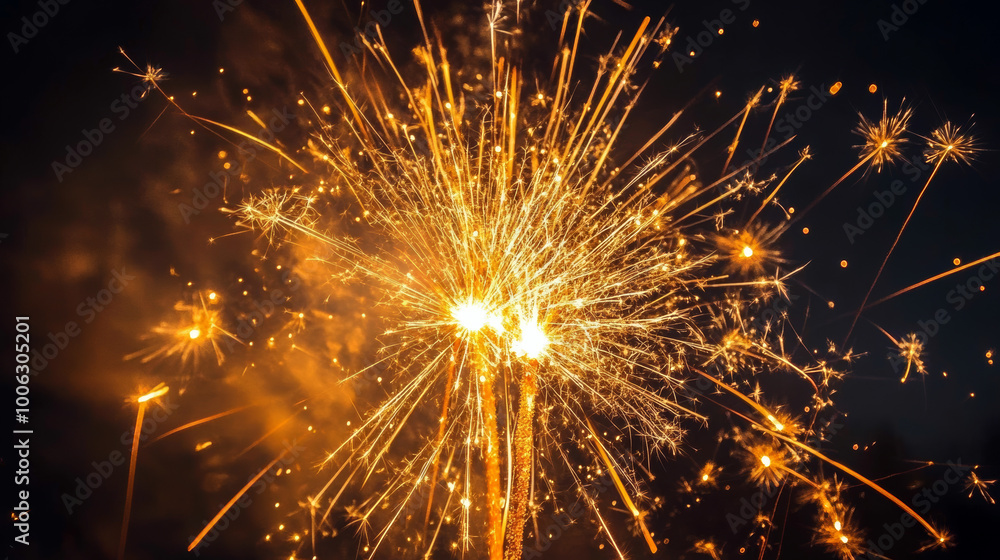 Fototapeta premium Sparkler firework close up on black background, new year, christmas and bonfires night celebrations.
