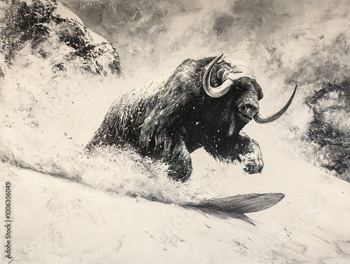 Musk Ox Snowboarding Down a Mountain: A Surreal Winter Adventure photo