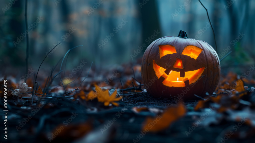 Spooky glow from a carved pumpkin nestled among autumn leaves in a dim forest during Halloween night Spooky glow from a carved pumpkin nestled among autumn leaves in a dim forest during Halloween night