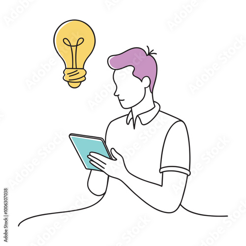 man holding a tablet, contemplating an illuminated light bulb continuous line art flat vector illustration white background