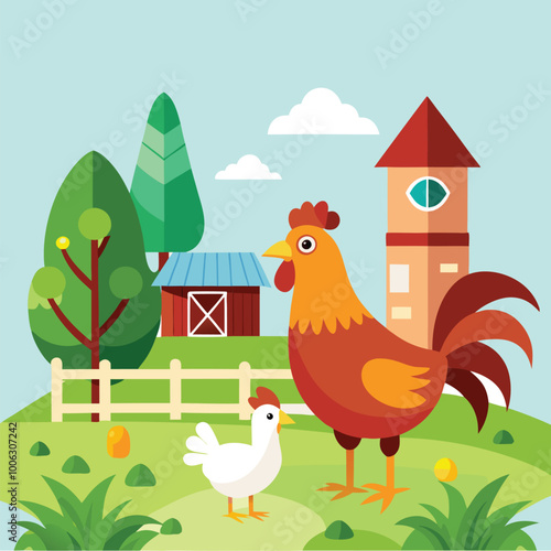 hen and chicken farm vector