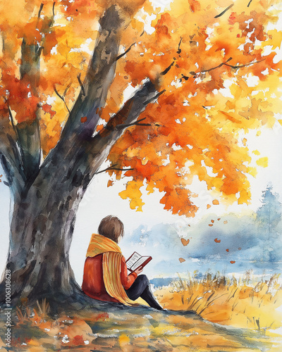 Woman reading under autumn tree in watercolor fall scene