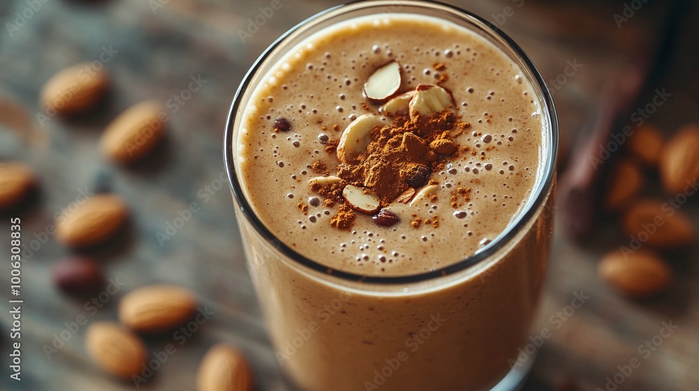 banana almond smoothie in a glass with protein powder, vegan whey drink for post-workout nutrition and fitness recovery banana almond smoothie in a glass with protein powder, vegan whey drink for post-workout nutrition and fitness recovery