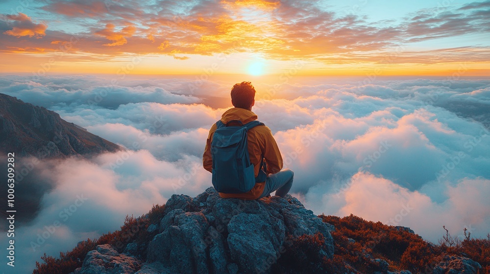 man with a backpack sitting on a rocky cliff at mountain top, gazing at the sunset or sunrise over the clouds, peaceful view man with a backpack sitting on a rocky cliff at mountain top, gazing at the sunset or sunrise over the clouds, peaceful view