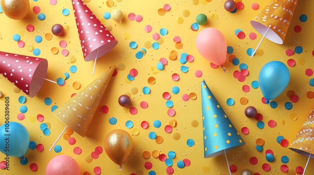 Fototapeta premium Happy birthday. top view of yellow background with party hats, streamers and glitter stars. Festive composition for holiday celebration or birthday party mockup banner template with copy space area