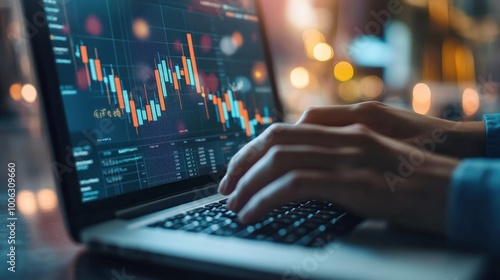 Close-up of Hands Typing on Laptop with Financial Data