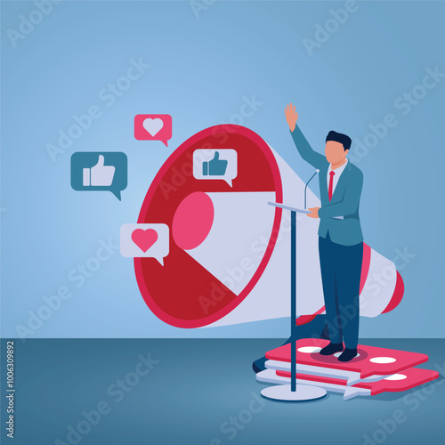 A man on a podium next to a megaphone, illustration for public relations, corporate announcements, promotional media, sales announcements.