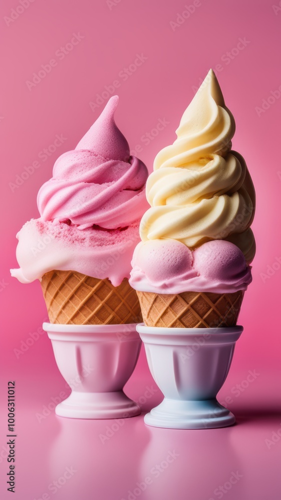 Two ice cream cones side by side pink strawberry-style and yellow vanilla-style scoops on a light grey surface with a matching pink background. Two ice cream cones side by side pink strawberry-style and yellow vanilla-style scoops on a light grey surface with a matching pink background.