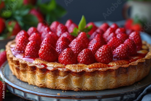 Tarte aux Fraises A beautiful Tarte aux Fraises with fresh strawberries arranged on a pastry crust, topped with a shiny glaze.