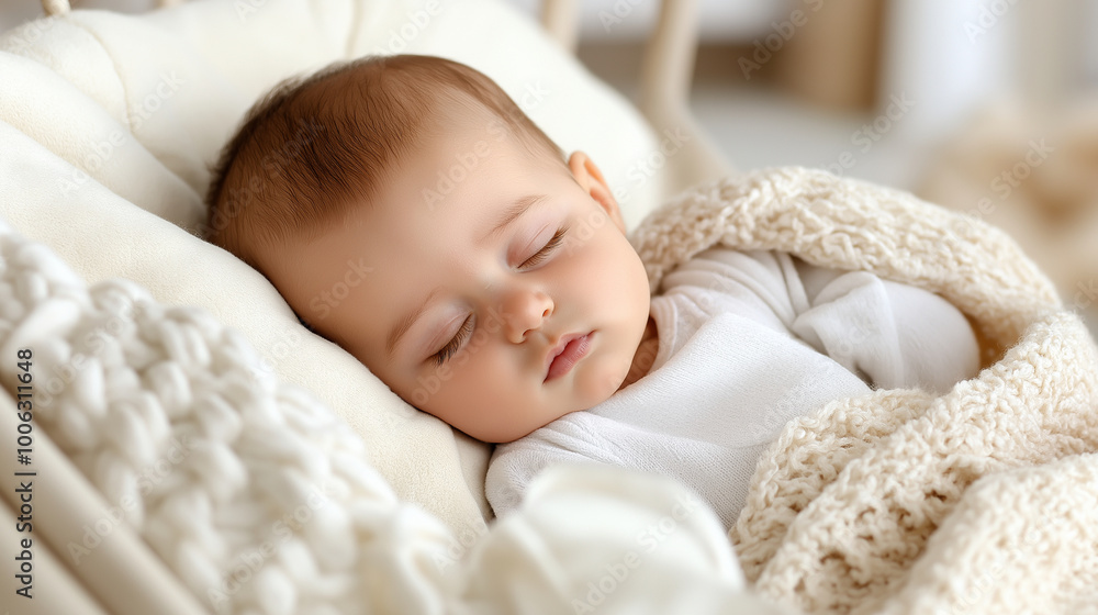 A newborn baby sleeps soundly in a cradle, the soft blanket around them gently rising with each breath. The quiet atmosphere of the room adds to the sense of peace and safety, newb A newborn baby sleeps soundly in a cradle, the soft blanket around them gently rising with each breath. The quiet atmosphere of the room adds to the sense of peace and safety, newb