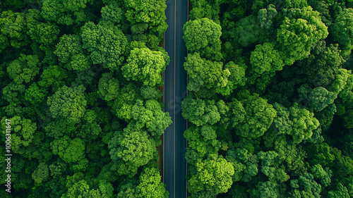 Aerial view asphalt forest road passing through the green forest tree, Forest road in the middle of the jungle green forest tree background. 