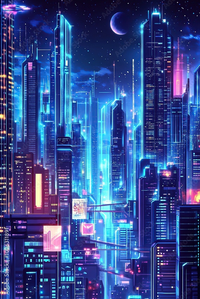 An isometric illustration of a sprawling futuristic city skyline at night. An isometric illustration of a sprawling futuristic city skyline at night.