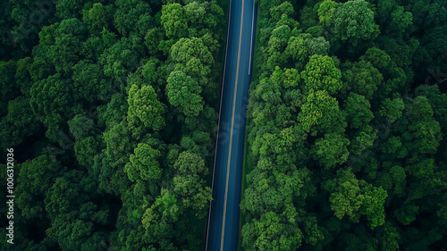 Aerial view asphalt forest road passing through the green forest tree, Forest road in the middle of the jungle green forest tree background. 