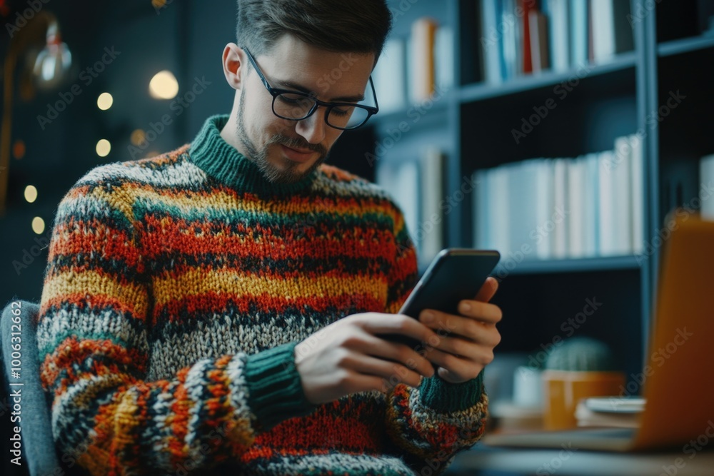 Fototapeta premium Man wearing colorful sweater working on smartphone in a professional environment, surrounded by books and a laptop.