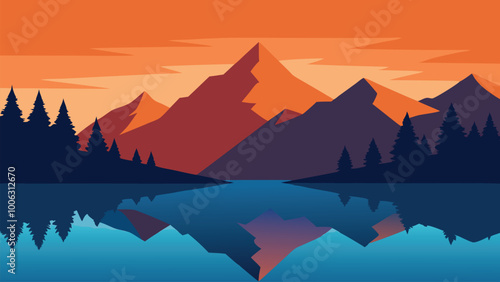 Mountains and trees mirrored in tranquil water, showcasing vibrant fall colors flat vector illustration