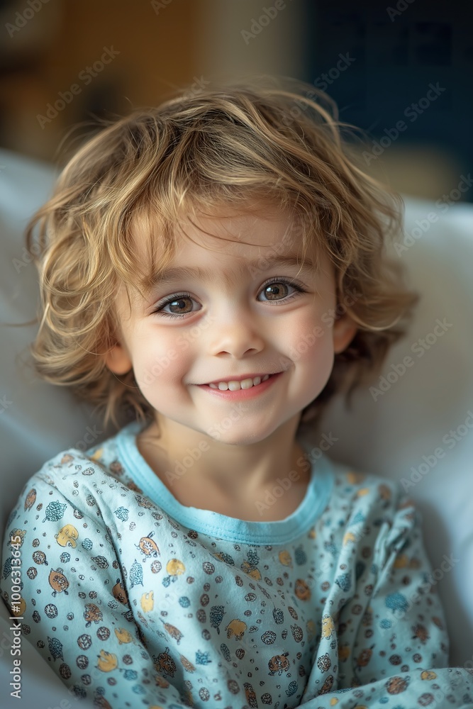 A cheerful child relaxes in a hospital room wearing cozy pajamas, showcasing a bright smile and joyful personality during treatment A cheerful child relaxes in a hospital room wearing cozy pajamas, showcasing a bright smile and joyful personality during treatment