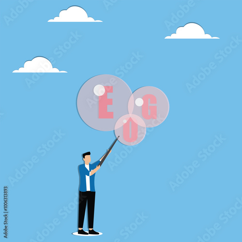 Reducing ego, cultivating humility, recognizing value in different perspective, being open to feedback and constructive criticism, Businessman deflating speech bubble of word EGO with needle
